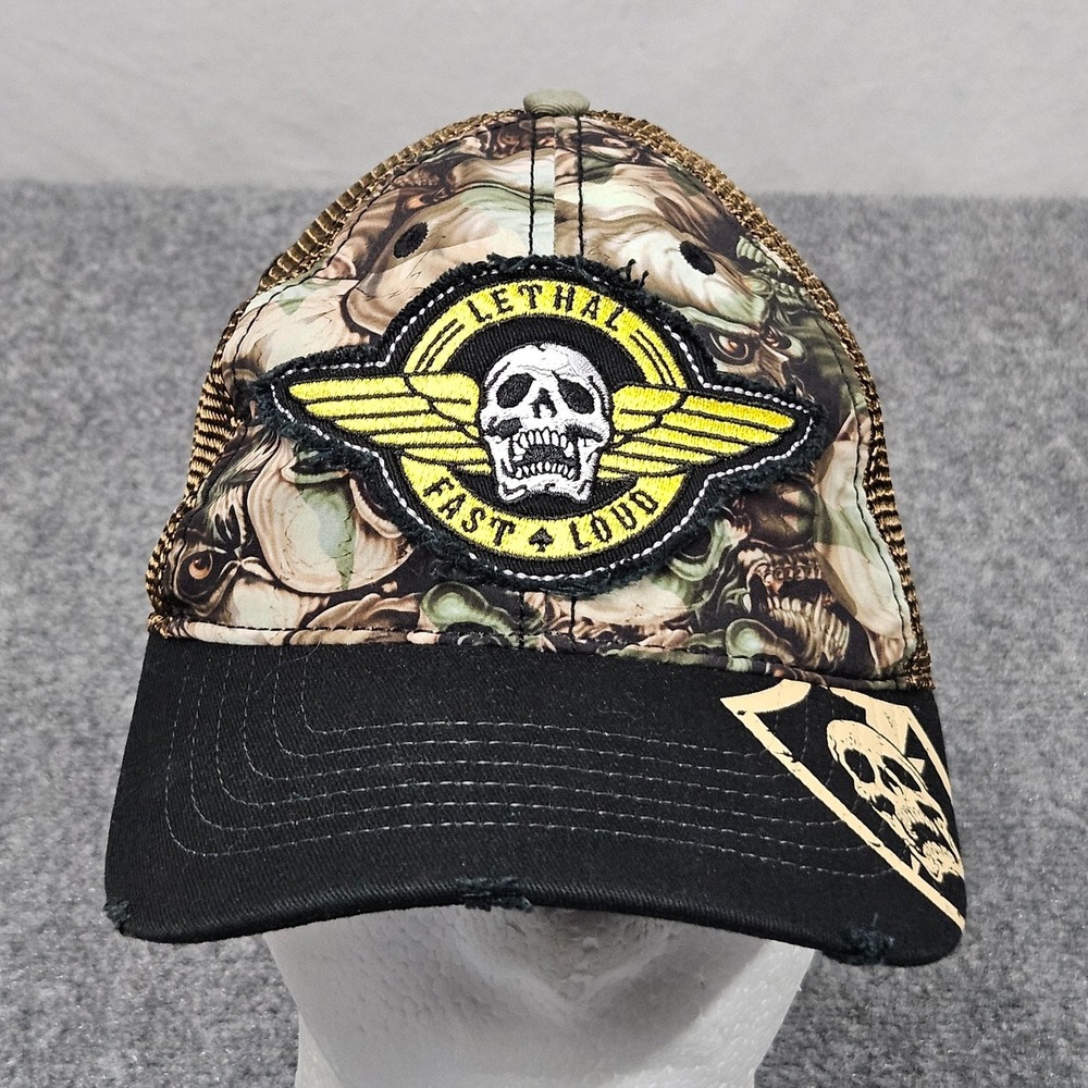 Lethal Threat Trucker Hat Black Bronze Skull Fast Loud Biker Snapback Motorcycle